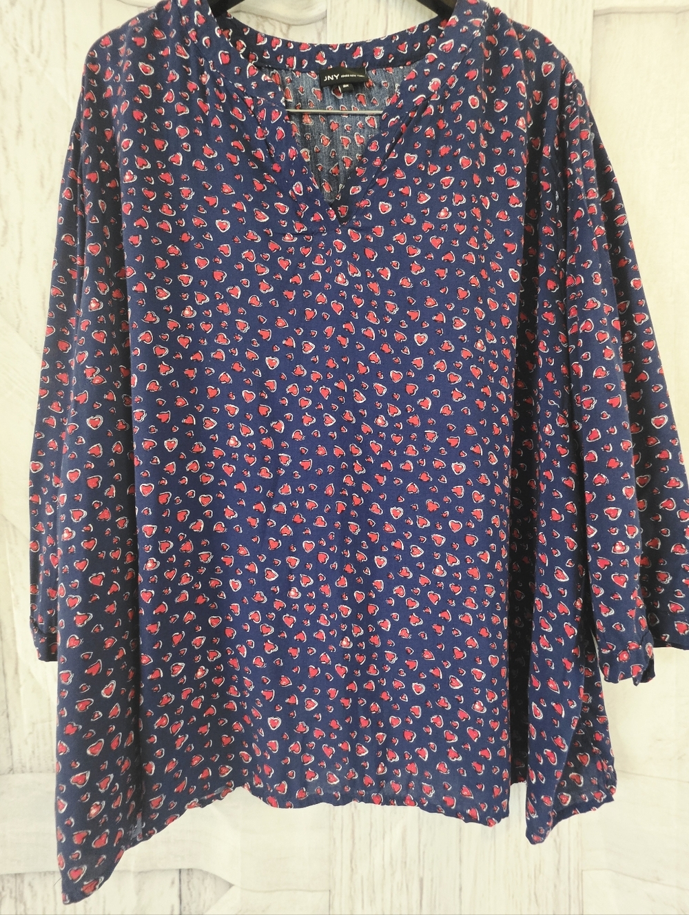 JNY Jones New York 3X Navy Red Heart Print Blouse Lightweight Top